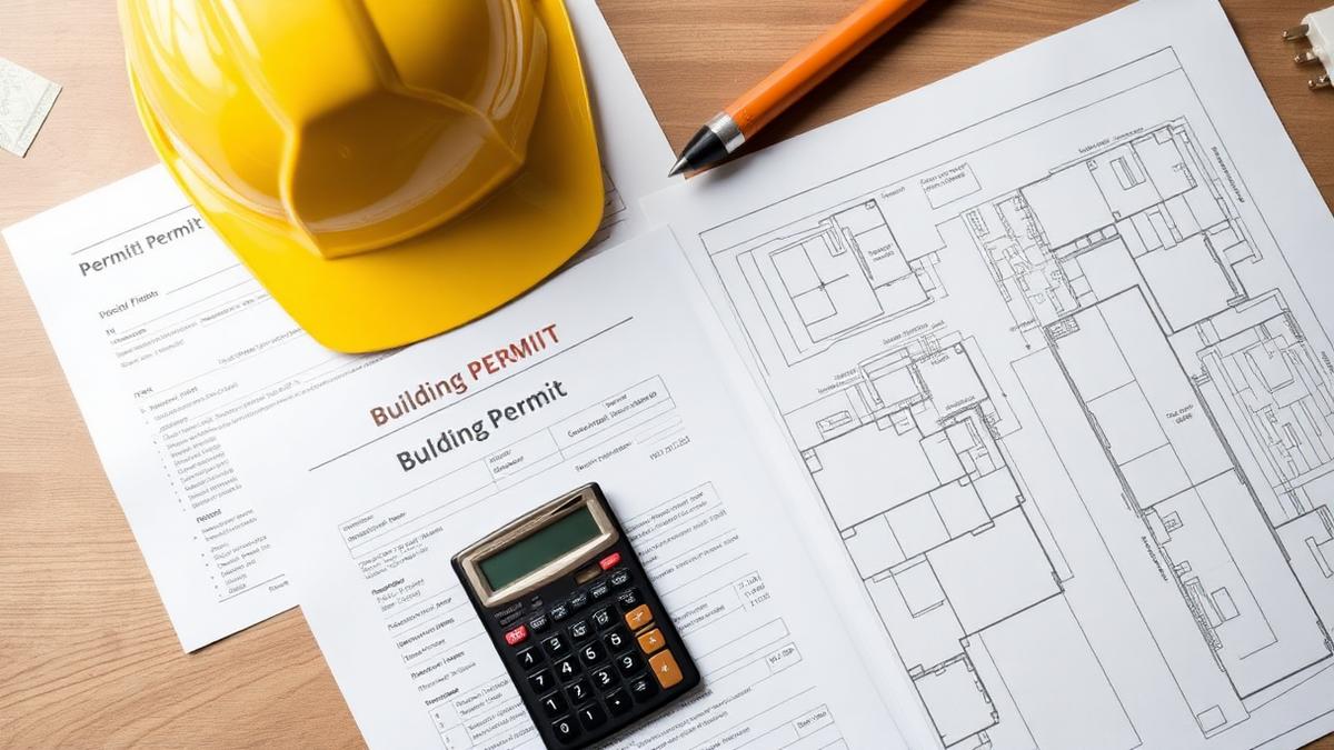 Building permit paperwork, blueprints, a calculator and a hard hat on a desk
