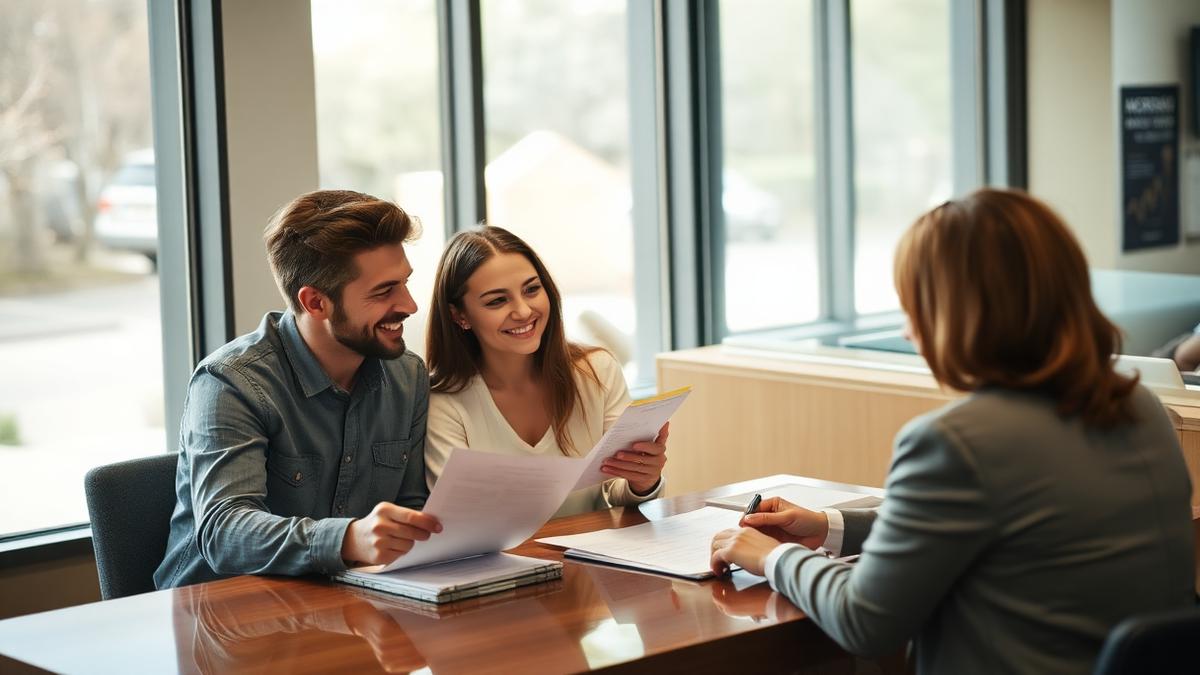 A first-time home buying couple reviewing loan documents with a lender